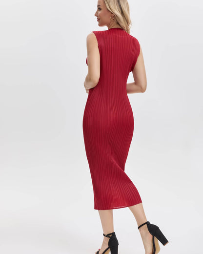 Pleats Plissé Midi Pencil Dress Travel-Friendly Wrinkle-Free Japanese Style-Wine