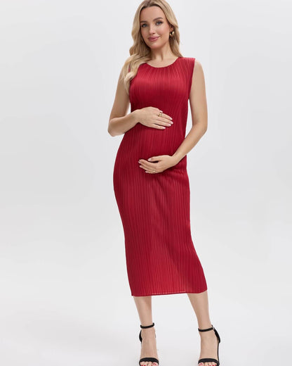 Pleats Plissé Midi Pencil Dress Travel-Friendly Wrinkle-Free Japanese Style-Wine