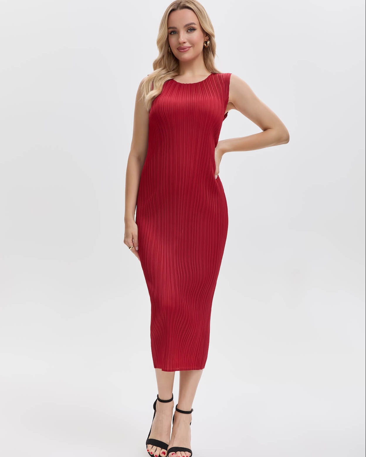 Pleats Plissé Midi Pencil Dress Travel-Friendly Wrinkle-Free Japanese Style-Wine