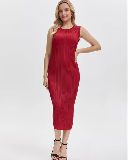 Pleats Plissé Midi Pencil Dress Travel-Friendly Wrinkle-Free Japanese Style-Wine