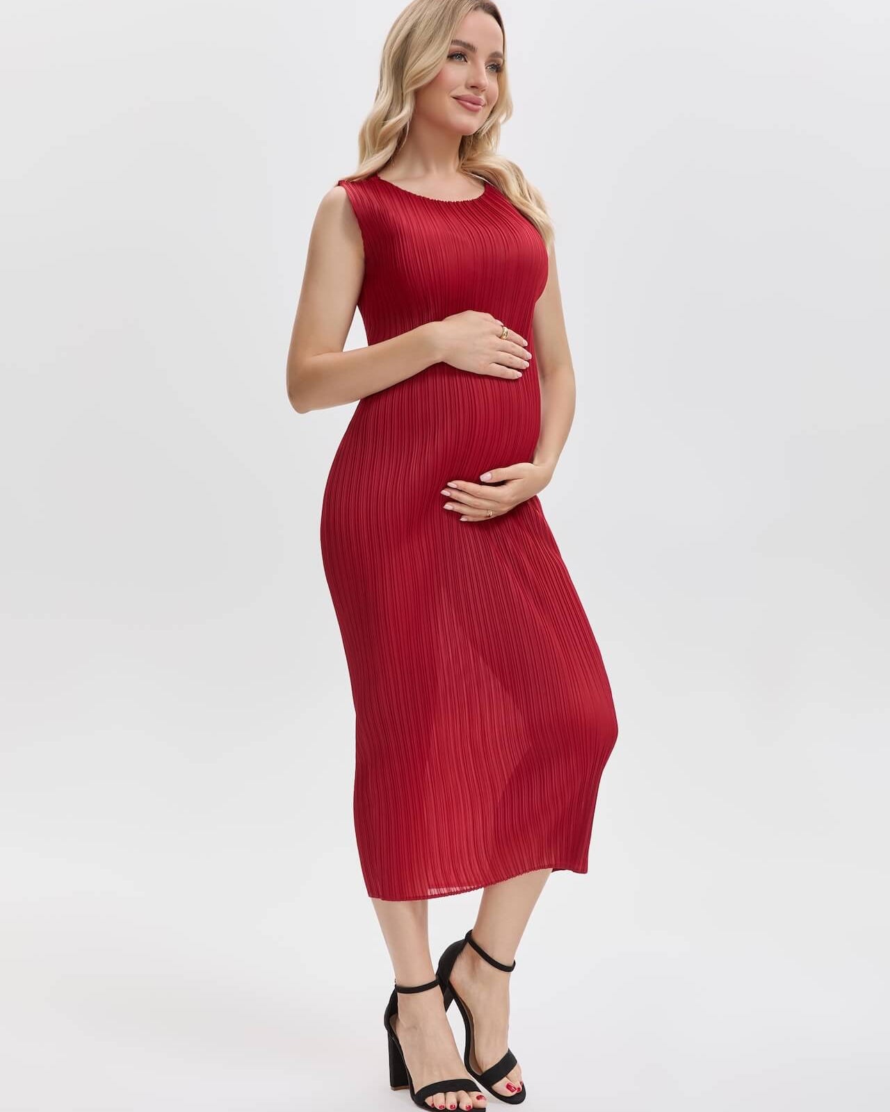 Pleats Plissé Midi Pencil Dress Travel-Friendly Wrinkle-Free Japanese Style-Wine