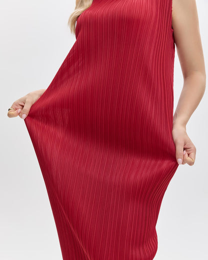 Pleats Plissé Midi Pencil Dress Travel-Friendly Wrinkle-Free Japanese Style-Wine