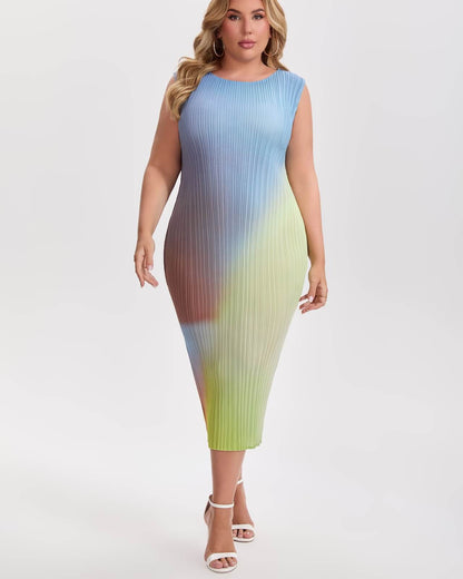 Pleats Plissé Midi Pencil Dress Travel-Friendly Wrinkle-Free Japanese Style-Rainbow