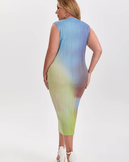 Pleats Plissé Midi Pencil Dress Travel-Friendly Wrinkle-Free Japanese Style-Rainbow