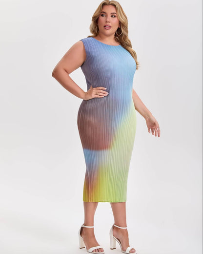 Pleats Plissé Midi Pencil Dress Travel-Friendly Wrinkle-Free Japanese Style-Rainbow