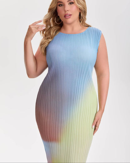 Pleats Plissé Midi Pencil Dress Travel-Friendly Wrinkle-Free Japanese Style-Rainbow