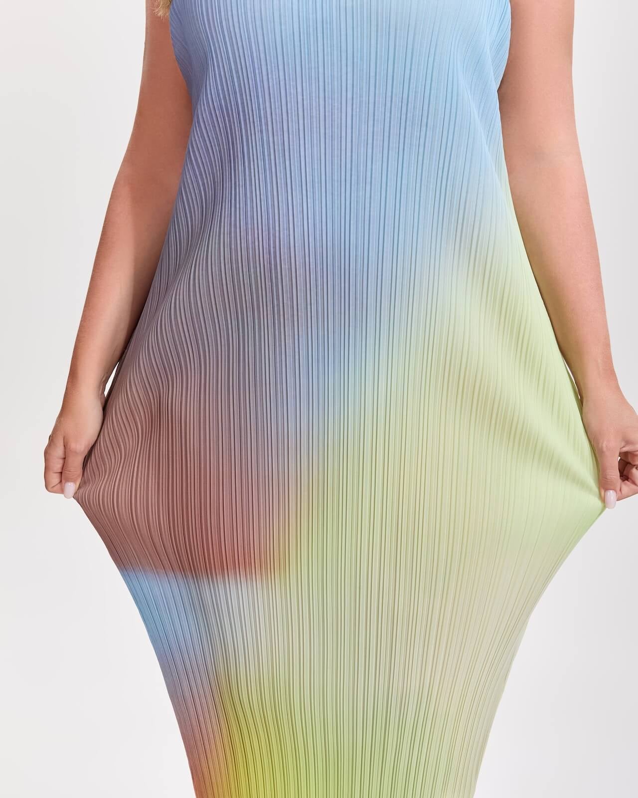 Pleats Plissé Midi Pencil Dress Travel-Friendly Wrinkle-Free Japanese Style-Rainbow