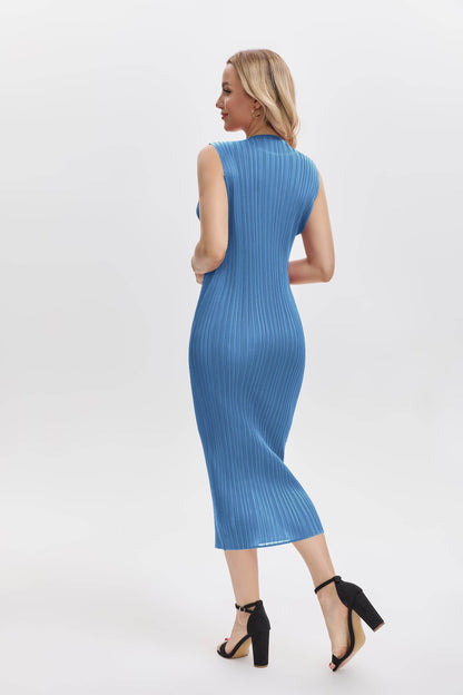 Pleats Plissé Midi Pencil Dress Travel-Friendly Wrinkle-Free Japanese Style-Blue