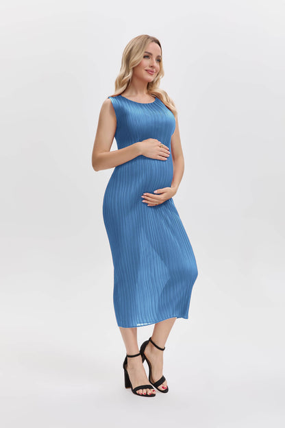 Pleats Plissé Midi Pencil Dress Travel-Friendly Wrinkle-Free Japanese Style-Blue