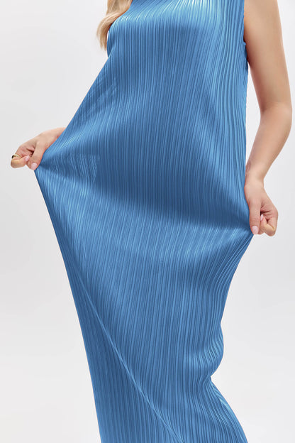 Pleats Plissé Midi Pencil Dress Travel-Friendly Wrinkle-Free Japanese Style-Blue