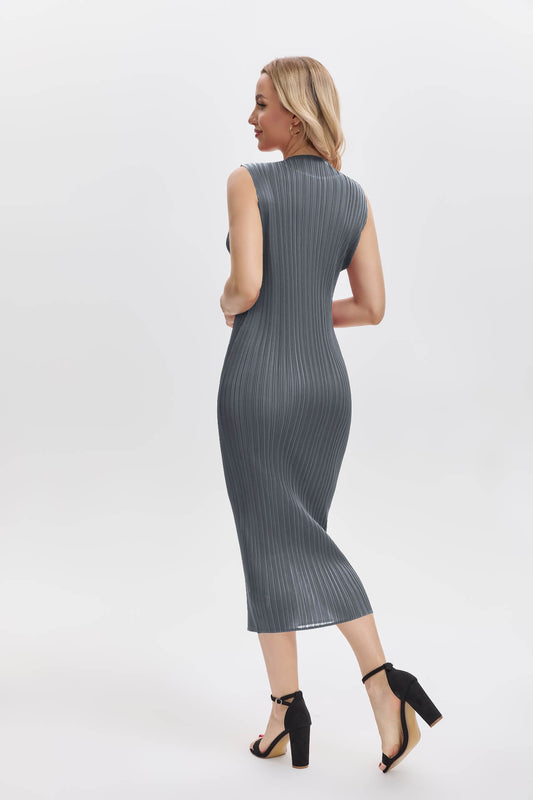 Pleats Plissé Midi Pencil Dress Travel-Friendly Wrinkle-Free Japanese Style-Gray