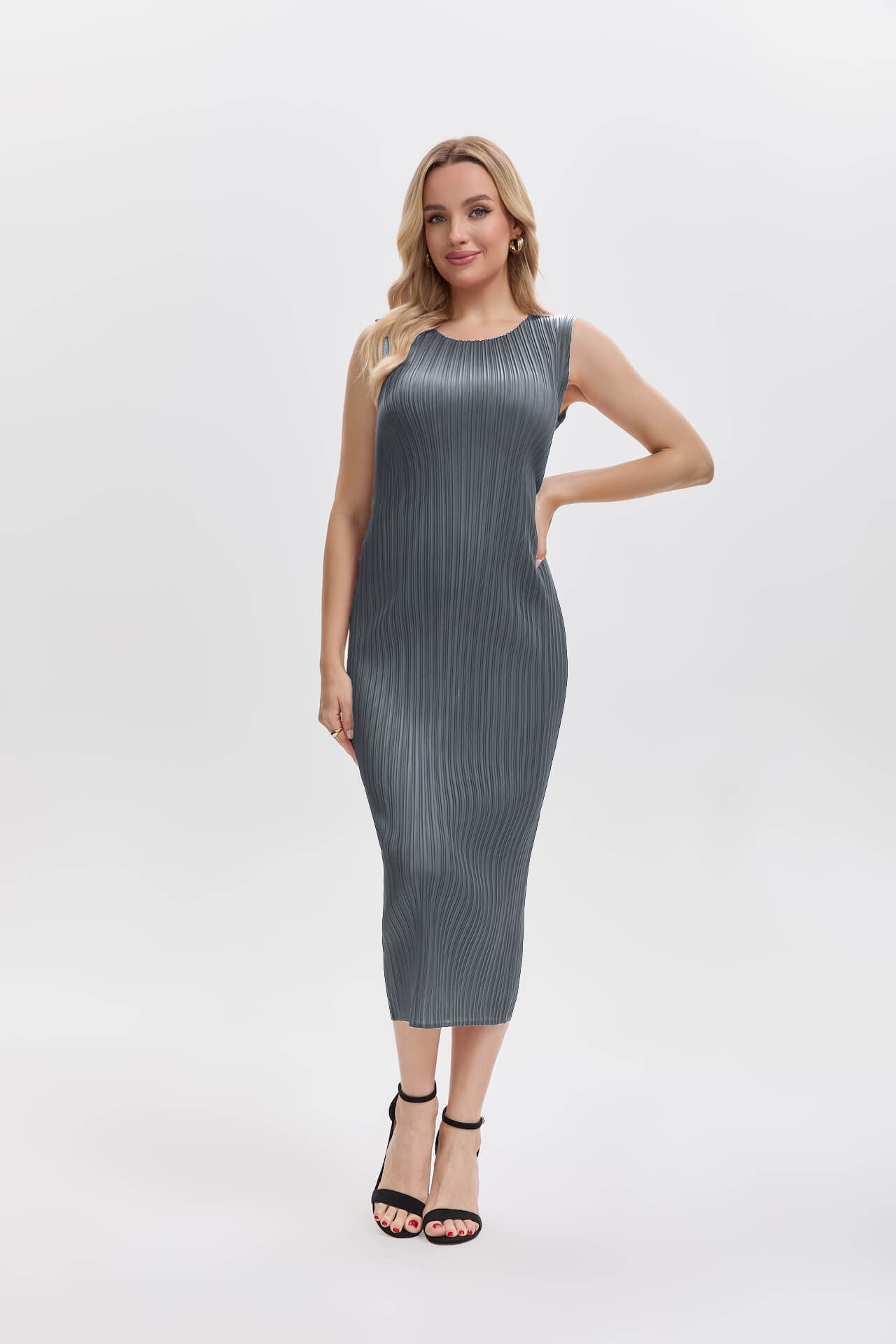 Pleats Plissé Midi Pencil Dress Travel-Friendly Wrinkle-Free Japanese Style-Gray