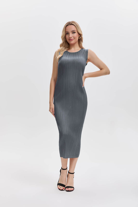 Pleats Plissé Midi Pencil Dress Travel-Friendly Wrinkle-Free Japanese Style-Gray