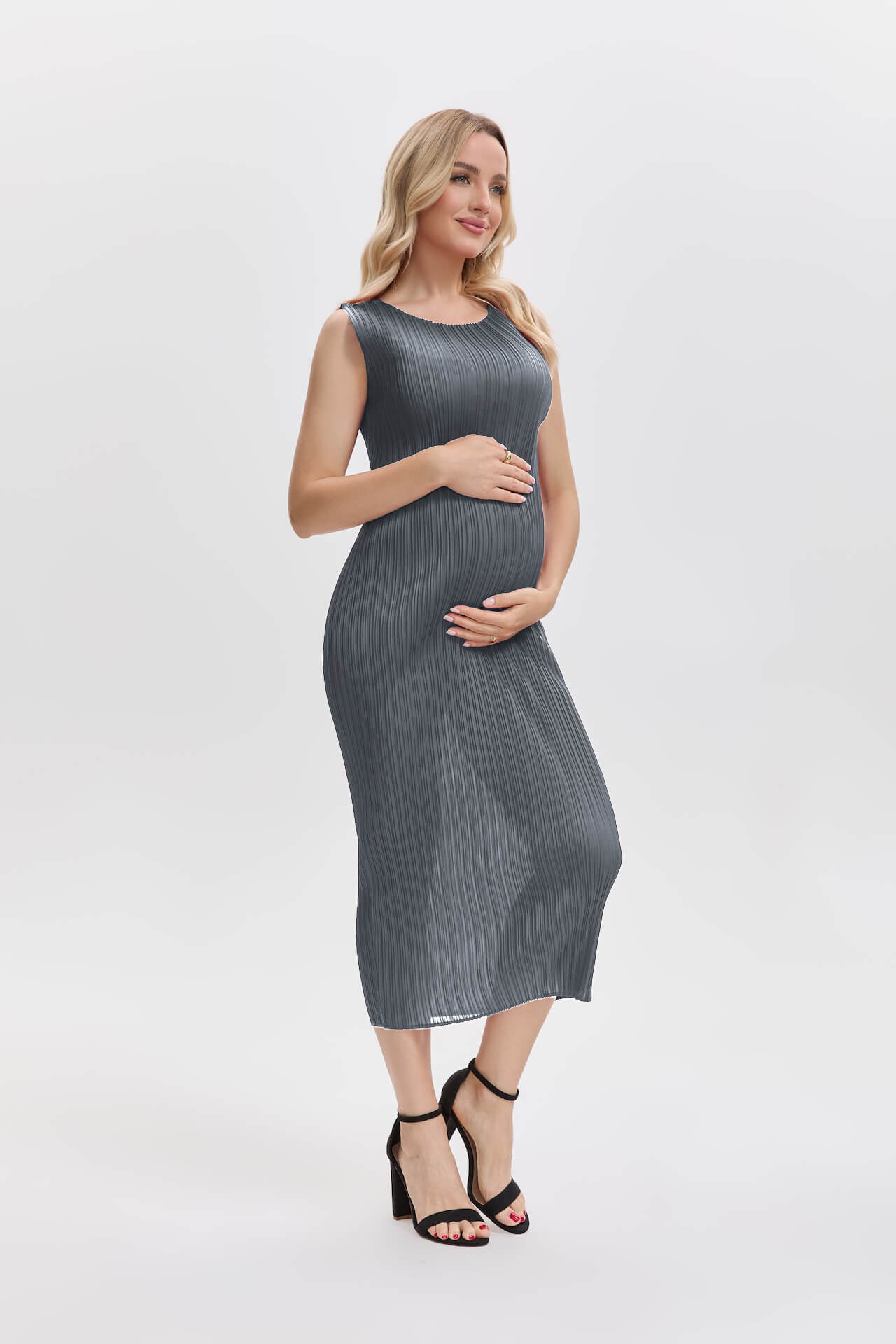 Pleats Plissé Midi Pencil Dress Travel-Friendly Wrinkle-Free Japanese Style-Gray