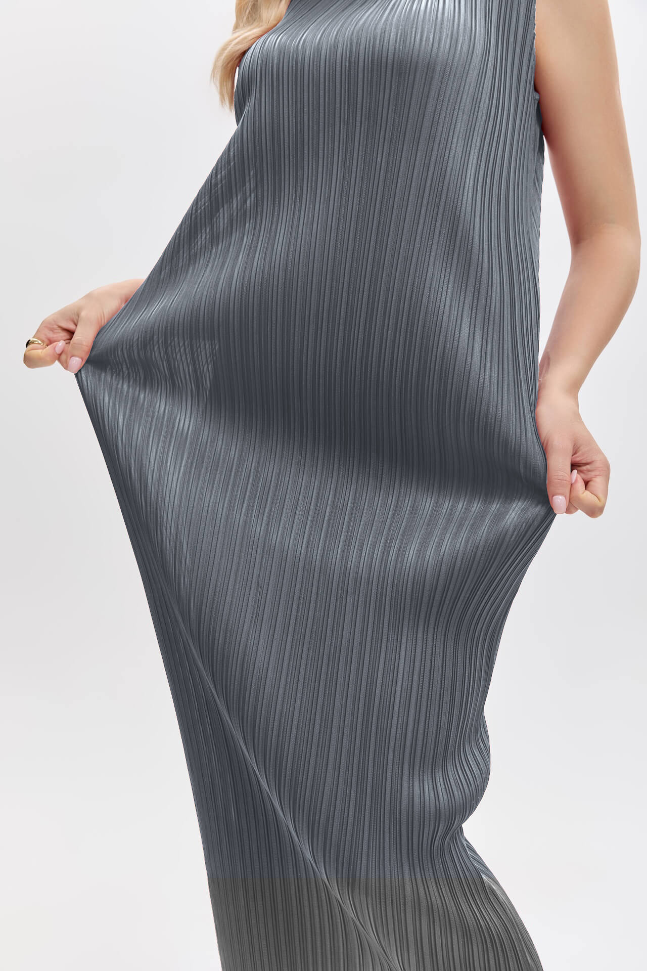 Pleats Plissé Midi Pencil Dress Travel-Friendly Wrinkle-Free Japanese Style-Gray