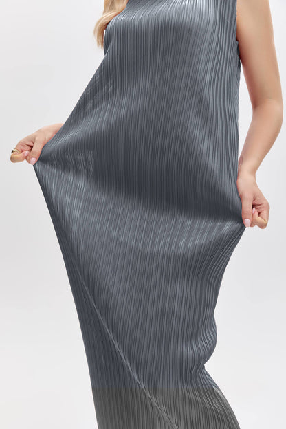 Pleats Plissé Midi Pencil Dress Travel-Friendly Wrinkle-Free Japanese Style-Gray