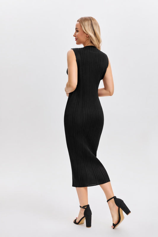 Pleats Plissé Midi Pencil Dress Travel-Friendly Wrinkle-Free Japanese Style-Blue-Black