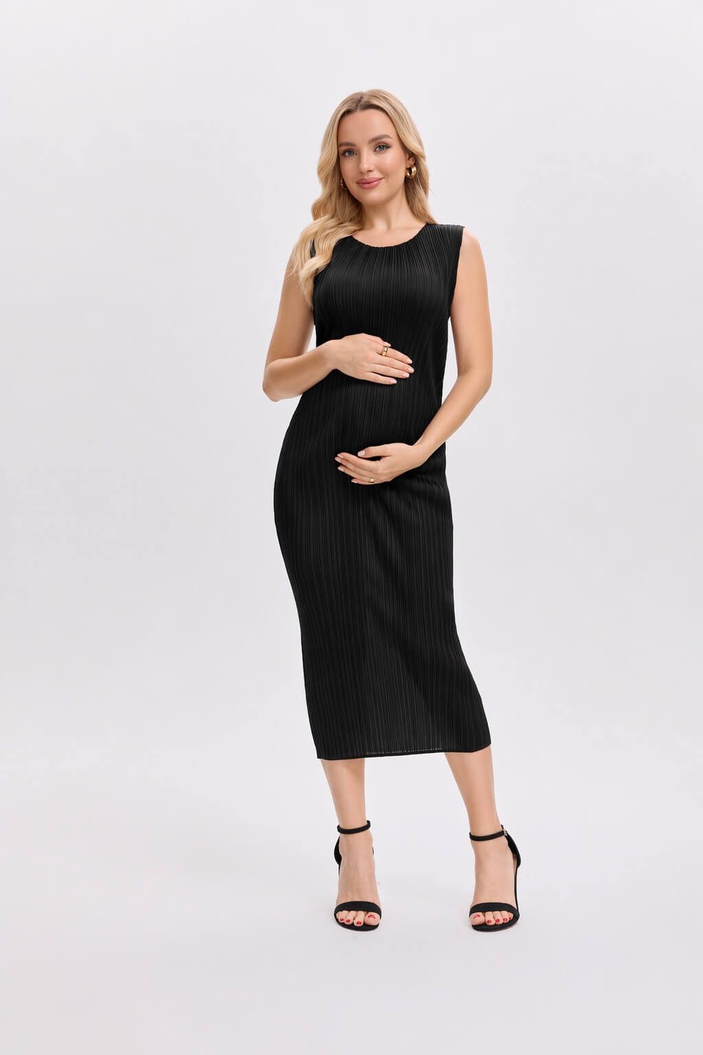 Pleats Plissé Midi Pencil Dress Travel-Friendly Wrinkle-Free Japanese Style-Blue-Black