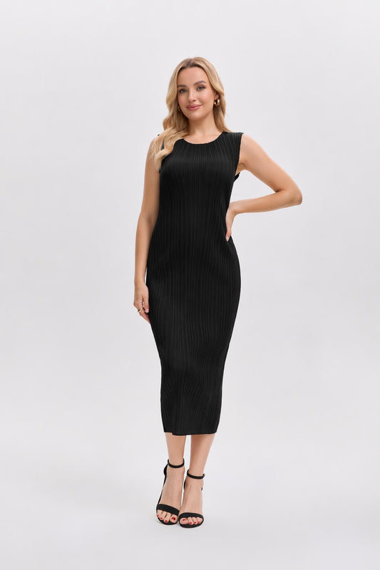 Pleats Plissé Midi Pencil Dress Travel-Friendly Wrinkle-Free Japanese Style-Blue-Black