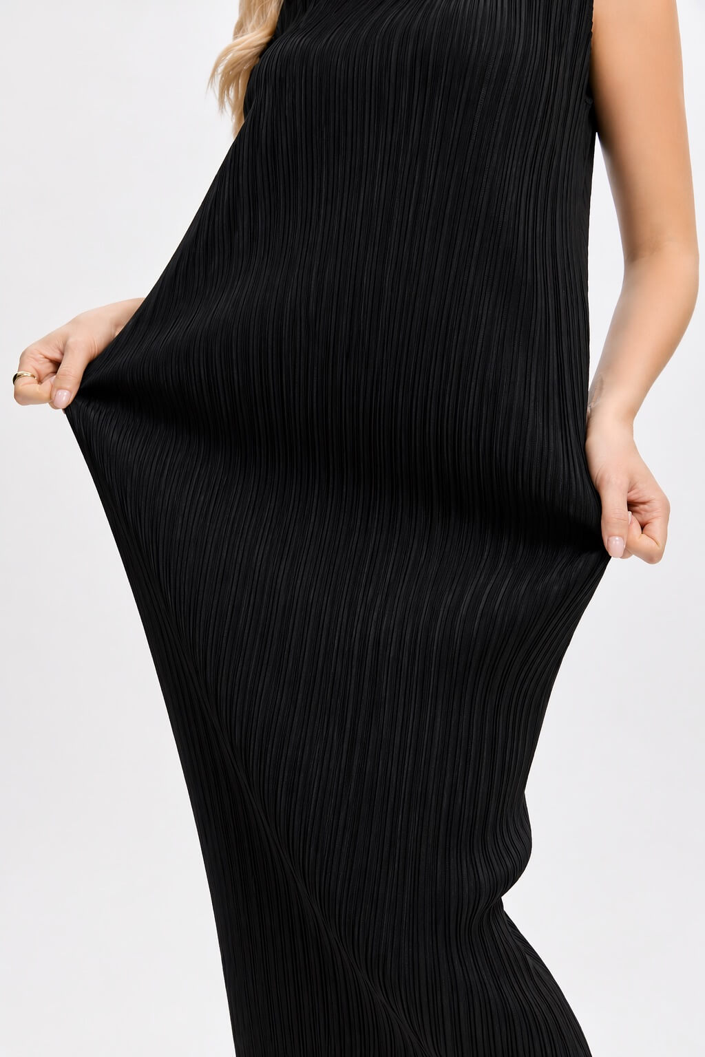 Pleats Plissé Midi Pencil Dress Travel-Friendly Wrinkle-Free Japanese Style-Blue-Black