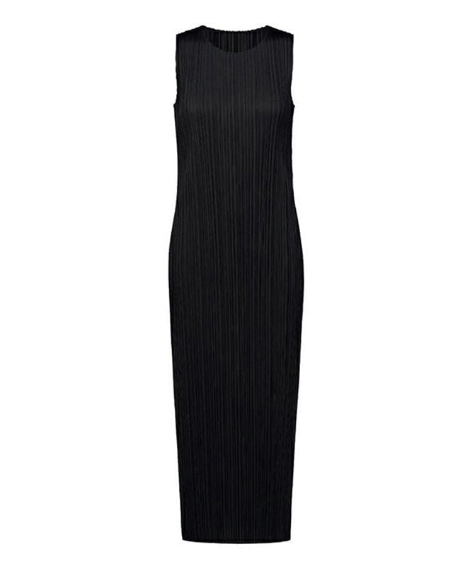Pleats Plissé Midi Pencil Dress Travel-Friendly Wrinkle-Free Japanese Style-Blue-Black