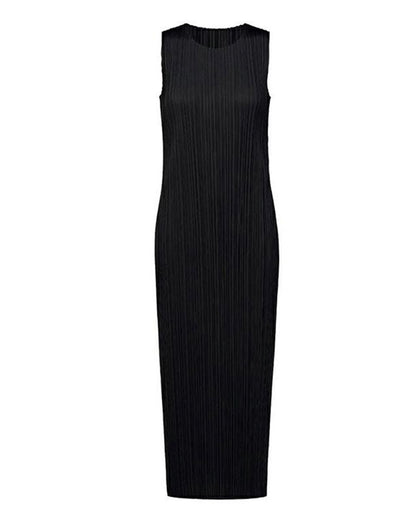 Pleats Plissé Midi Pencil Dress Travel-Friendly Wrinkle-Free Japanese Style-Blue-Black