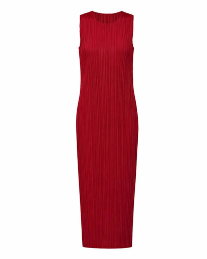 Pleats Plissé Midi Pencil Dress Travel-Friendly Wrinkle-Free Japanese Style-Wine
